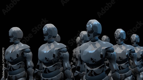 movement of a squad of humanoid robots, artificial intelligence, dark background, 3D rendering, cyclic animation