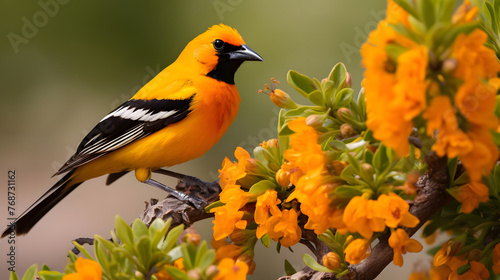 Vibrant Songster, Hooded Oriole in Southwestern US Landscapes. Generated AI