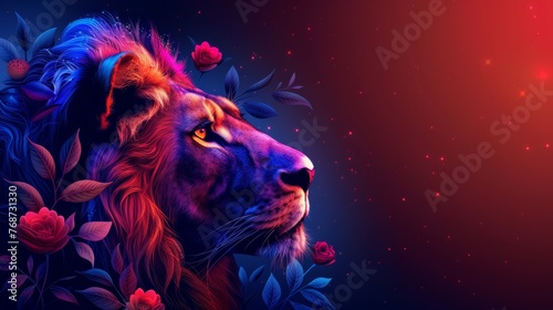  Close-up of a lion s face on a dark background  surrounded by red and blue flowers in the foreground