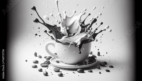 Schwarz weißes Getränk spritzt aus einer Kaffeetasse - highspeed Aufnahme