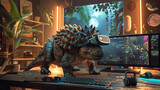 Ankylosaurus with VR set, in a gamer's den, ambient backlighting, bird's-eye view, 3D graphic