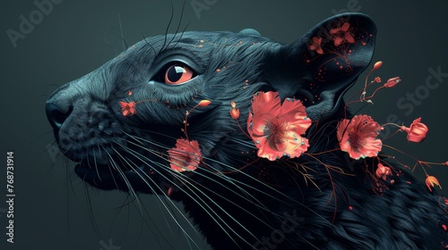  A sharp focus image of a black cat with red flowers adorning its face against a dark backdrop