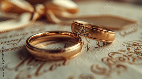  A couple of wedding rings on a white, gold-cloth table with a bow
