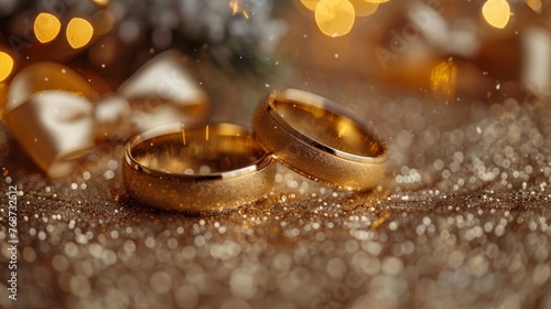  Two golden wedding rings rest on a table, near a Christmas tree with lights