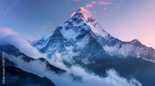 As twilight descends, the majestic mountain peak stands out with its snow-capped grandeur against the dusky blue sky photo