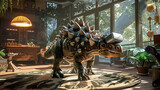 Ankylosaurus with VR set, in a gamer's den, ambient backlighting, bird's-eye view, 3D graphic