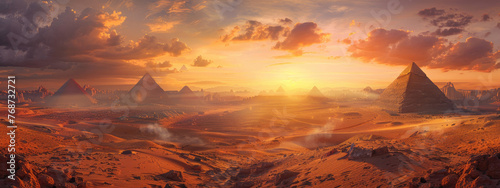 A panoramic view of the Pyramids in Egypt at sunset  with golden hues painting the sky and sand dunes