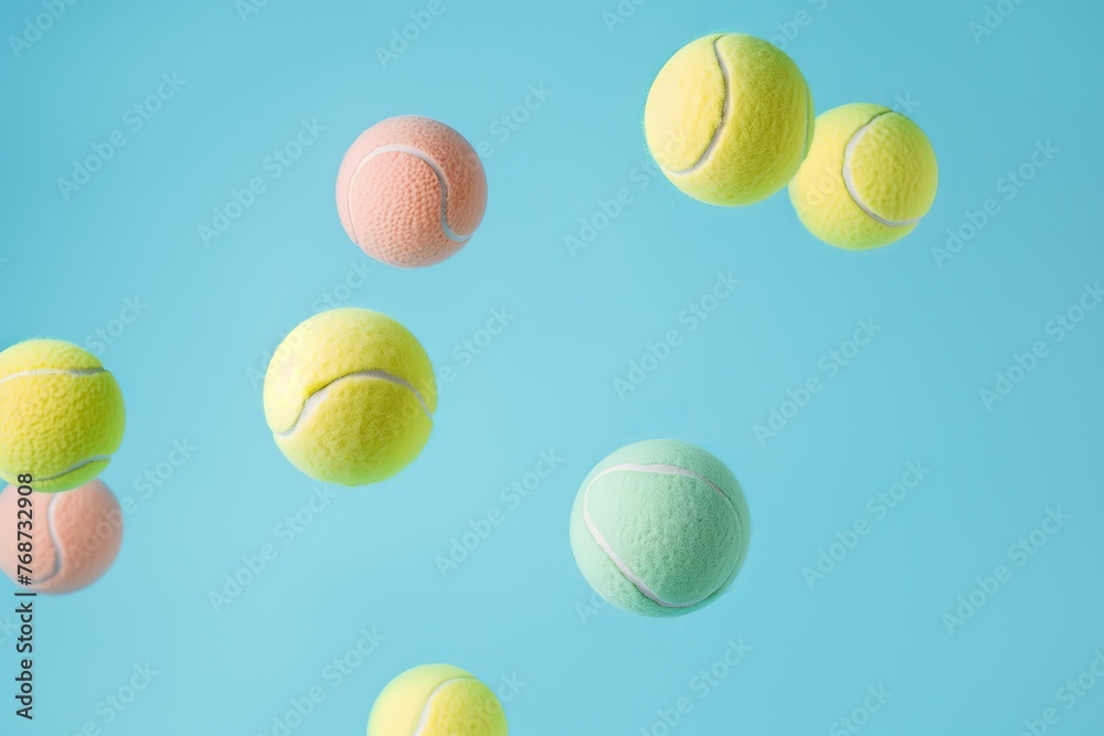 pastel color tennis balls flying on a pastel blue background
