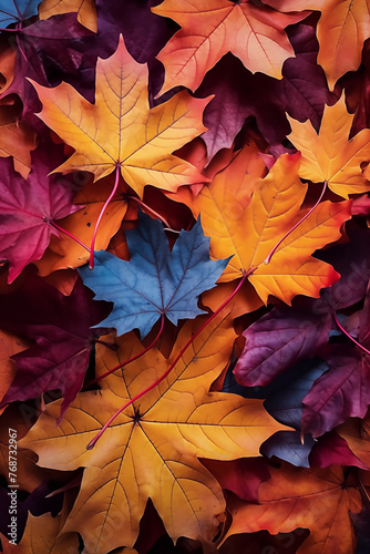 Autumn leaves lying on the floor. Colorful collage