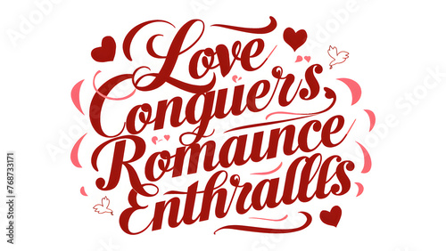 Typography design featuring the words "Love Conquers, Romance Enthralls" in elegant, swirling script. The letters are in a rich, deep red color, with a subtle, shimmering effect. 