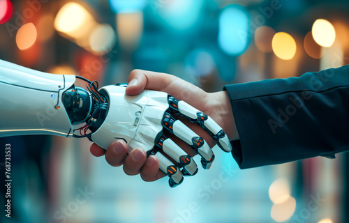 Man in suit initiating handshake with robotic arm, future of business © thodonal