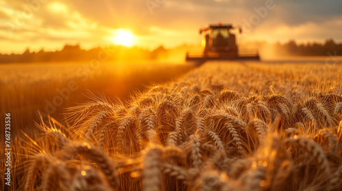 Sunset over golden wheat field with harvesting combine