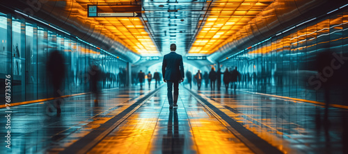 Businessman walking in illuminated subway station corridor