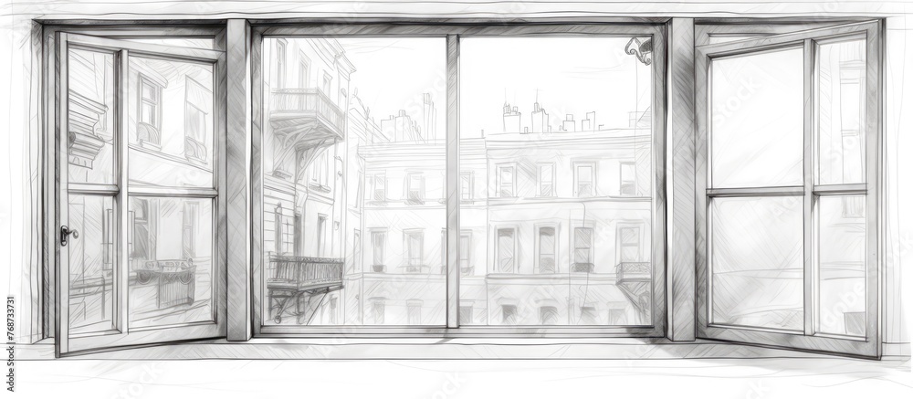 Fototapeta premium A detailed drawing of an open window showcasing a cityscape view with buildings, streets, and lights visible. The sketch is done in a wireframe style, emphasizing architectural elements and urban
