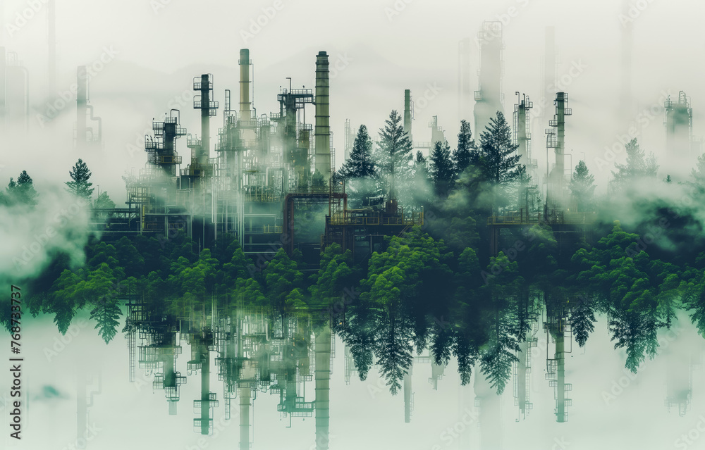 Industrial complex shrouded in mist amidst lush forest - obrazy, fototapety, plakaty 