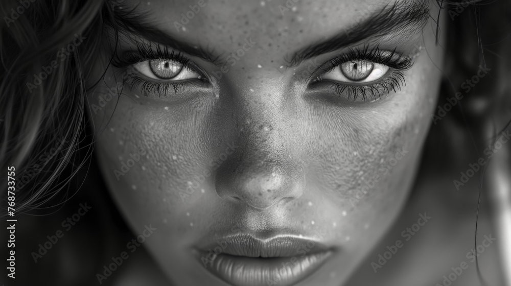 Intense gaze of a young woman in black and white Intense gaze of a young woman in black and white