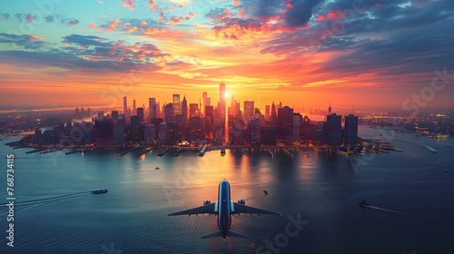 Urban Travel Adventure, Airplane Landing, Comeback Skyline Arrival, Plane Touching Down to Metropolitan Cityscape, Return of Trip, Cityscape, Aircraft Arriving to Bustling City, and Exploration.