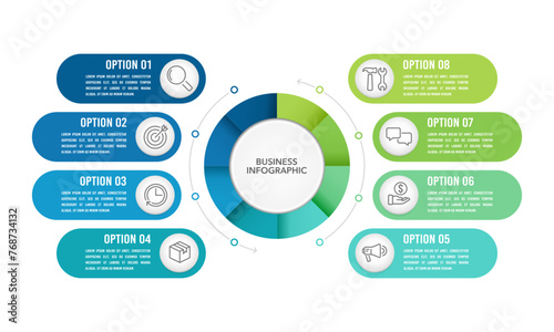 8 process infographic design template. diagram, annual report, business presentation, and organization. Vector illustration.