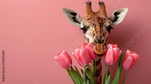  Giraffe's head emerging from vase, surrounded by pink tulips against a pink backdrop