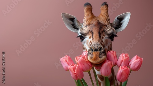  A giraffe with tulips in front of its face and a pink backdrop