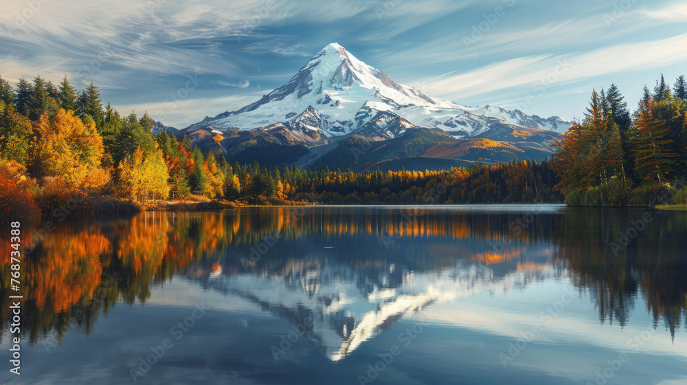 The serene and reflective qualities of a still lake mirror a majestic mountain adorned with fall foliage, evoking peace and harmony