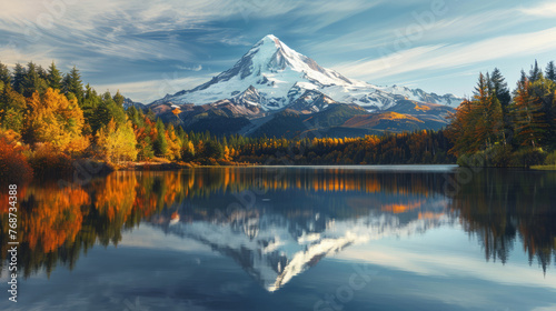 The serene and reflective qualities of a still lake mirror a majestic mountain adorned with fall foliage, evoking peace and harmony © road to millionaire