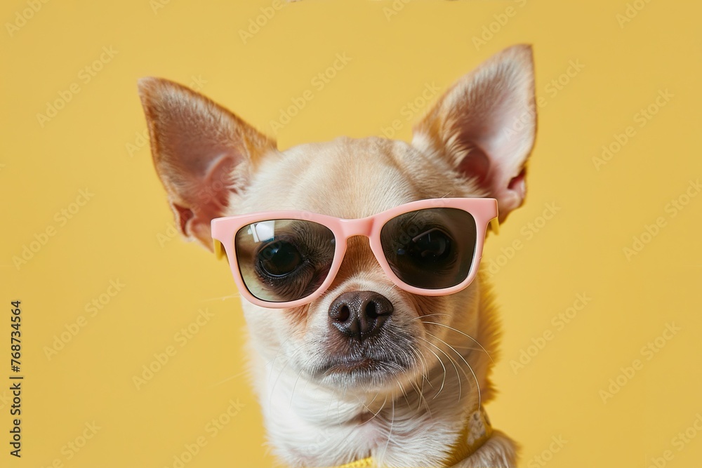 Chihuahua with Shades Close-up Against Plain  pale yelow Background