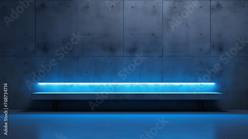 Blue Neon Light Illuminating Modern Bench and Concrete Wall