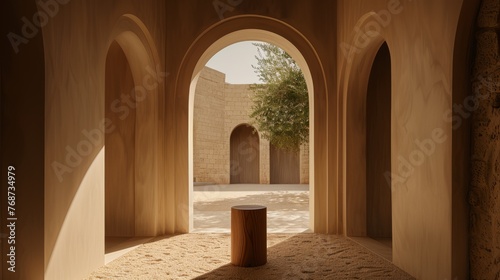  A stone archway leads to a room with trees on either side, creating a serene and natural atmosphere within the structure
