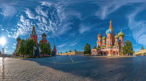 A panoramic view of the Moscow Red Square, showcasing St Basil's Cathedral and Sretenskymoskull tower, bathed in sunlight with blue sky above photo
