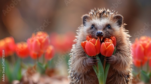  A hedgehog with a mouth full of red flowers stands amidst a sea of red tulips in the field #768735304