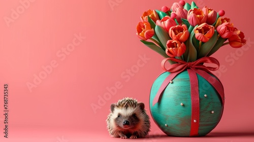  Hedgehog, vase tulips, pink background, red ribbon