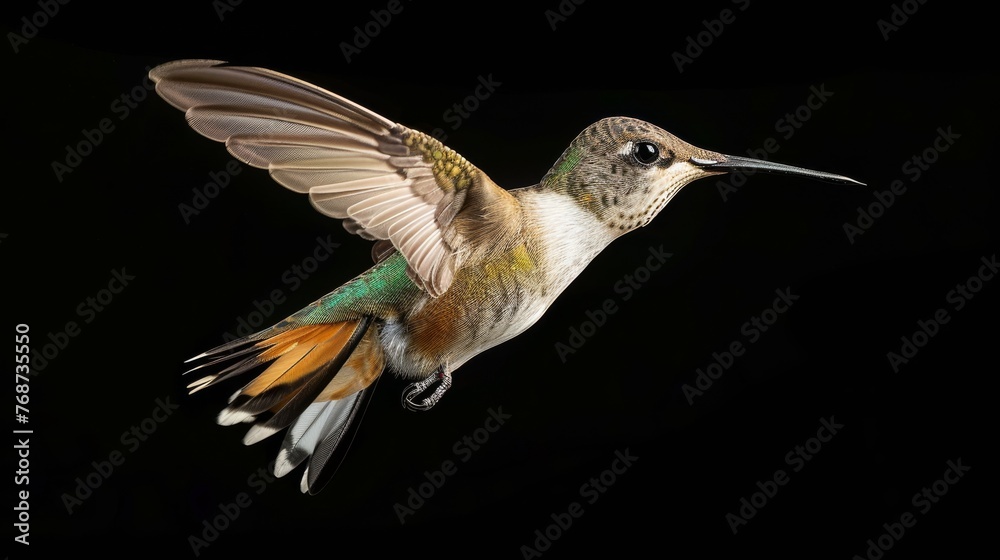 A hummingbird soaring gracefully against a dark canvas, wings fully extended A hummingbird soaring gracefully against a dark canvas, wings fully extended