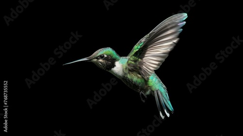  A hummingbird swiftly soaring on air with wings outstretched, its head angled © Nadia