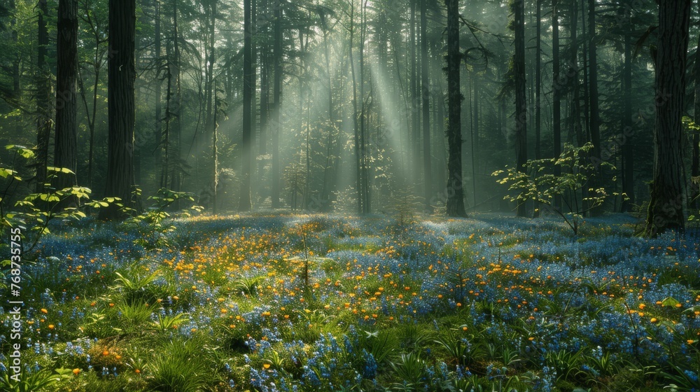 The sun illuminates the forest, casting light through the trees as they bloom with bluebells and wildflowers on this radiant day The sun illuminates the forest, casting light through the trees as they bloom with bluebells and wildflowers on this radiant day