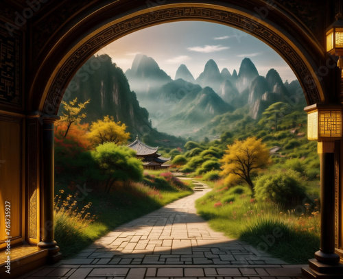 Chinese classic mountains  landscape with arch and road