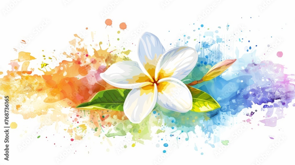 White flower with green leaves, watercolor splatters on white background White flower with green leaves, watercolor splatters on white background