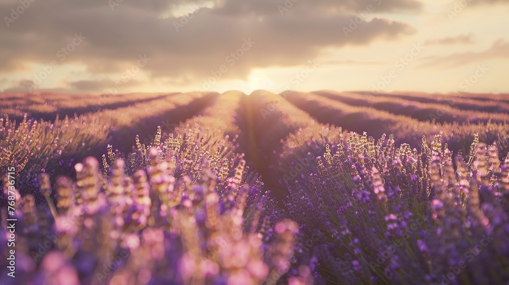Fototapeta premium A breathtaking panorama portraying a lavender field illuminated by the warm glow of sunset