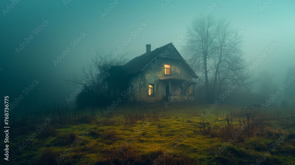 Misty Twilight Over Abandoned House