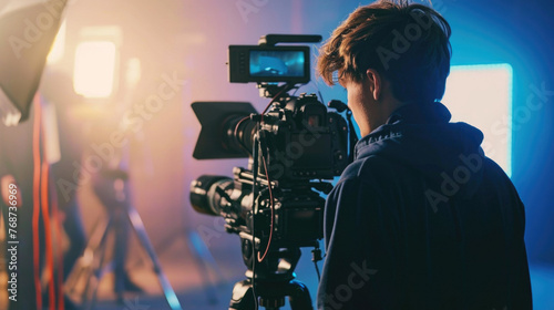 Professional cameraman - covering on event with a video, cameraman silhouette on live studio news photo