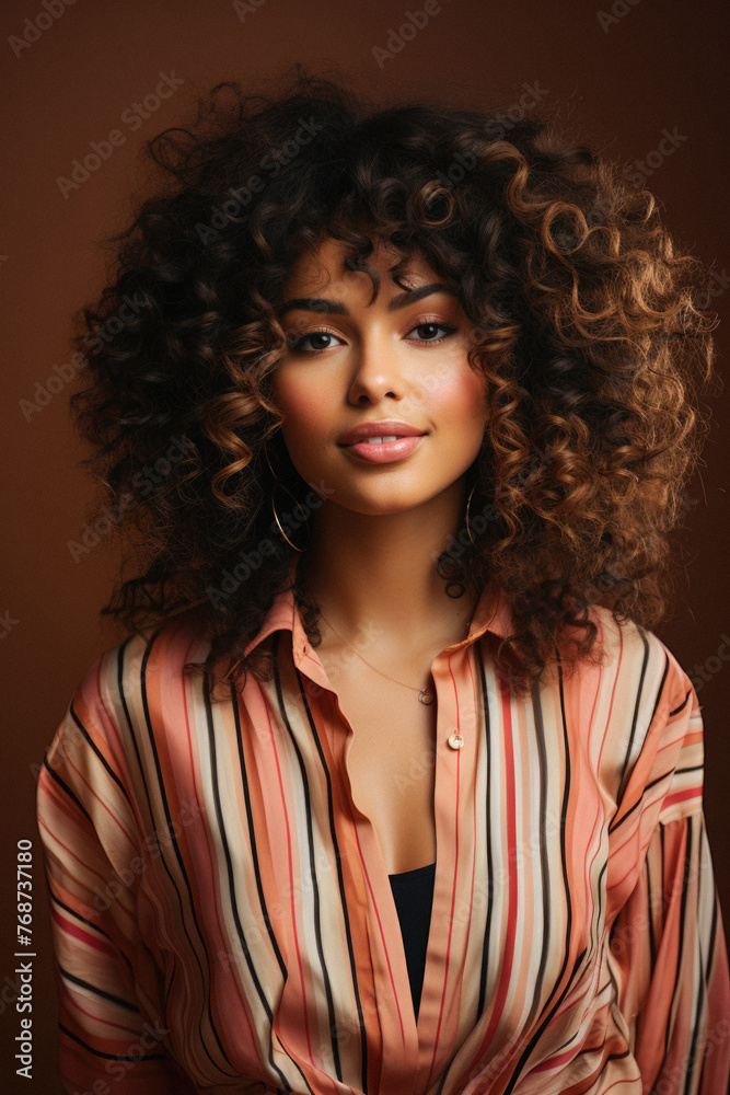 Beautiful young african american woman with curly hairstyle .