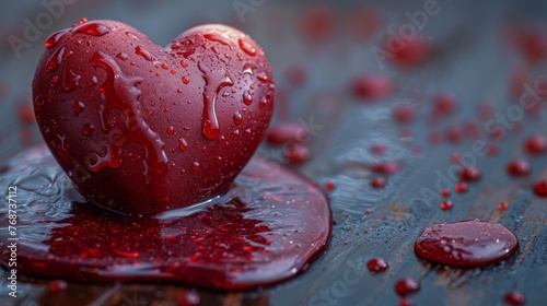  A red heart-shaped object is sitting on top of a wooden table with droplets of water, while a puddle of water is underneath