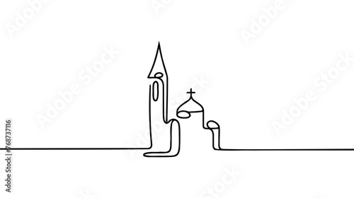 Church in continuous line art drawing style. Abstract church building with bell-tower. Minimalist black linear sketch isolated on white background. Vector illustration