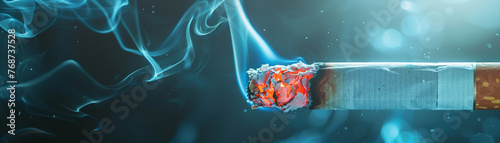 Close-up of a burning cigarette with a toxic symbol in the smoke, warning of the poisonous chemicals in tobacco photo