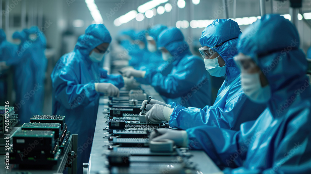 Operator in white clean suit, a cap and a mask at an electronic assembly line soldering copper wire to a circuit board with solder iron and smoke Operator in white clean suit, a cap and a mask at an electronic assembly line soldering copper wire to a circuit board with solder iron and smoke
