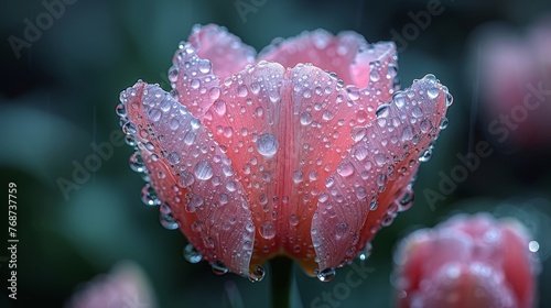  A close-up image shows a pink flower with droplets of water  while the backdrop is out of focus  featuring green foliage