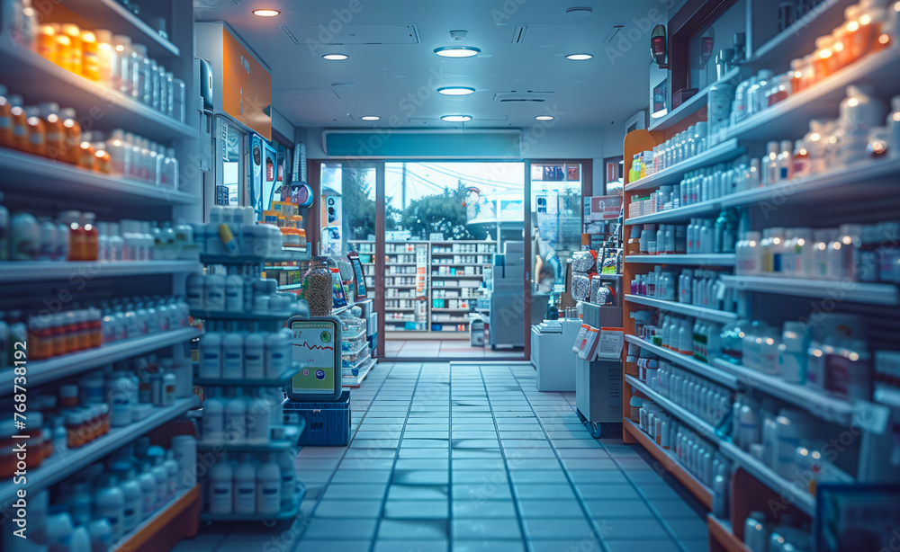 Interior of pharmacy with shelves full of drugs and medical supplies.