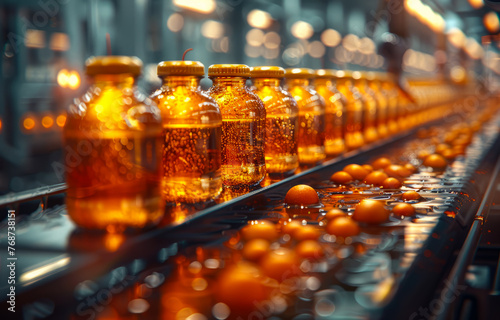 Sunflower oil in the bottle moving on production line in factory