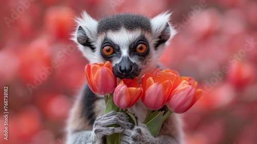  a small animal with tulips in focus, against a plain background