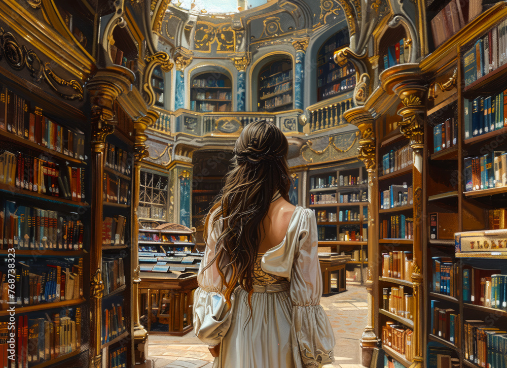 Woman walks through library surrounded by books. Woman walks through library surrounded by books.